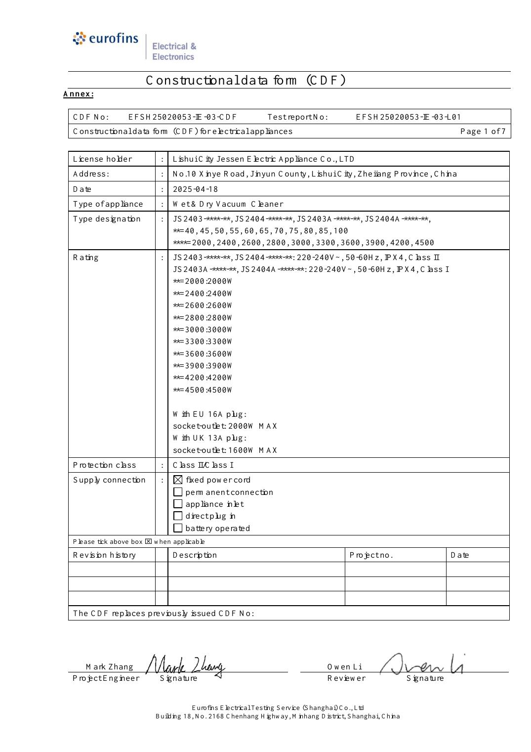 CDF critical component list and IEC safety test report for JIESEN vacuums